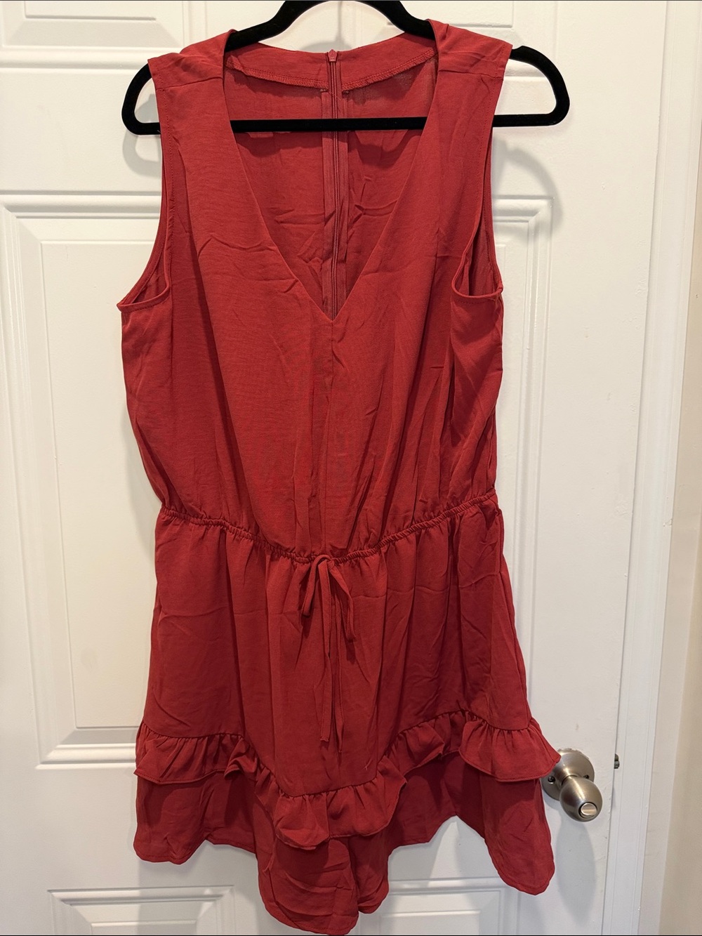 Amazon Red Sleeveless V-Neck Tie-Waist Romper with Ruffle Hem